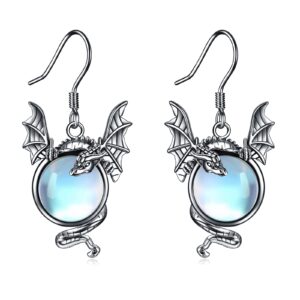 dragon earrings gifts for women 925 sterling silver vintage oxidized dragon moonstone dangle earrings jewelry christmas gifts for women