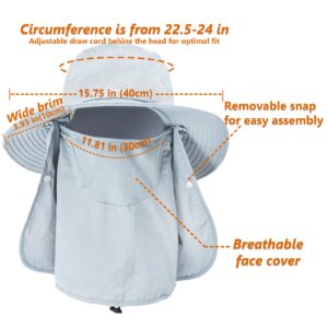 UPF 50+ Sun Fishing Hat for Men Women Wide Brim Hat with Detachable Face Cover & Neck Flap Light Grey