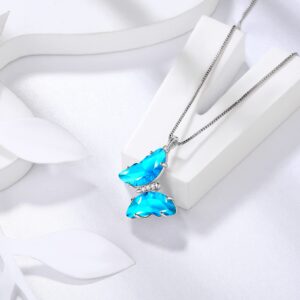 Blue Butterfly Heart Necklace Women 925 Sterling Silver Animal Butterflies March Created Aquamarine Birthstone Aquamarine Pendant Crystal Wedding Birthday Jewelry DP0311M