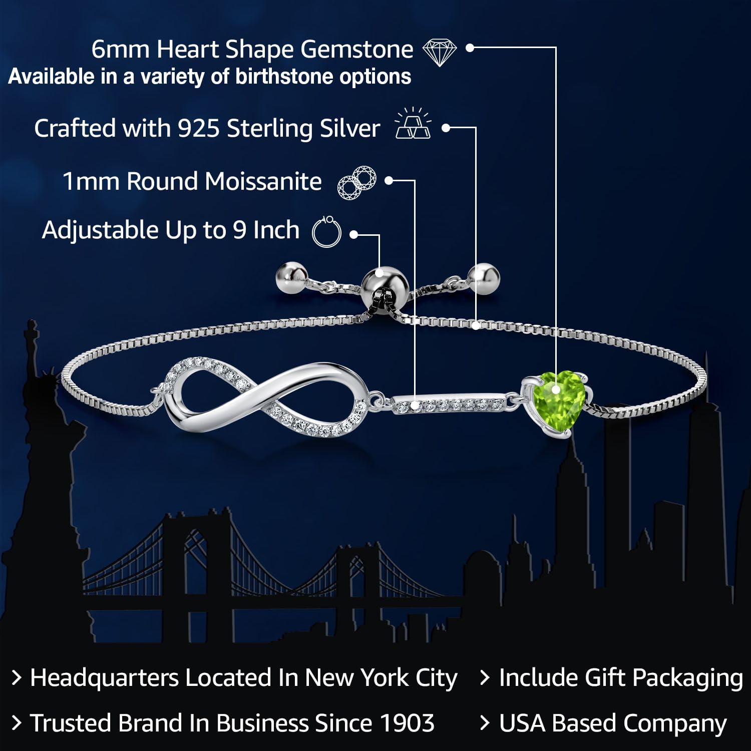 Gem Stone King 925 Sterling Silver Heart Shape 6MM Gemstone Birthstone and White Moissanite Infinity Tennis Bracelet For Women Fully Adjustable Up to 9 Inch