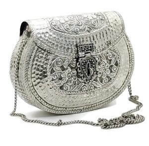 women gift silver brass floral design embossed metal bag bridal clutch party purse bridal clutch evening bag, silver