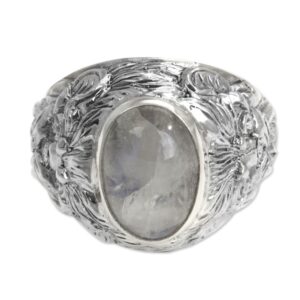 novica artisan handmade .925 sterling silver men's rainbow moonstone clear domed single animal themed wild cat ring 'lion's charisma'