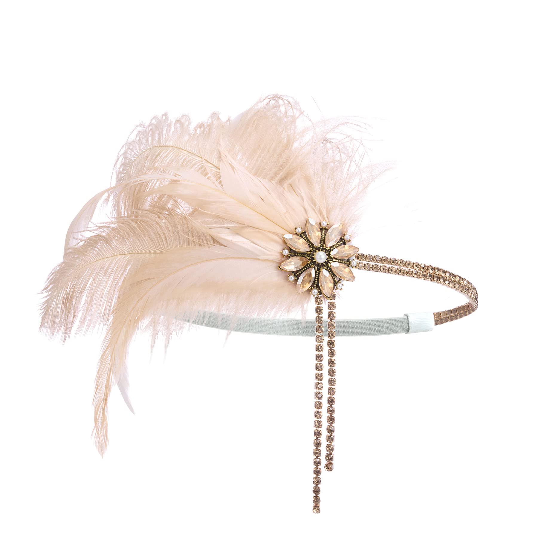 SWEETV 1920s Headpiece Flapper Headband, Rhinestone Pearl Feather Hair Band Great Gatsby Headpiece Accessoreis for Women,Champagne