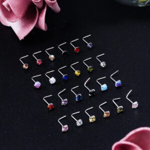 Lsnevsie Nose Rings Studs for Women 22G 316L Surgical Stainless Steel L Shaped Curved l Silver Opal Hypoallergenic Nose Stud Ring Body Piercing Jewelry for Men Diamond CZ 3mm