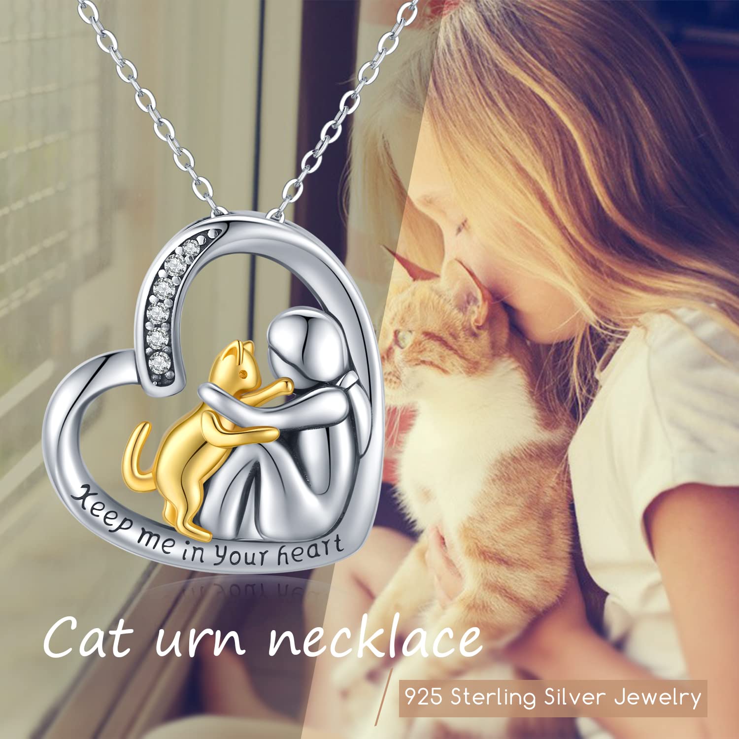 JUSTKIDSTOY Cat Urn Necklace for Ashes S925 Sterling Silver Heart Cremation Jewelry Keepsake Memorial Gifts for Women