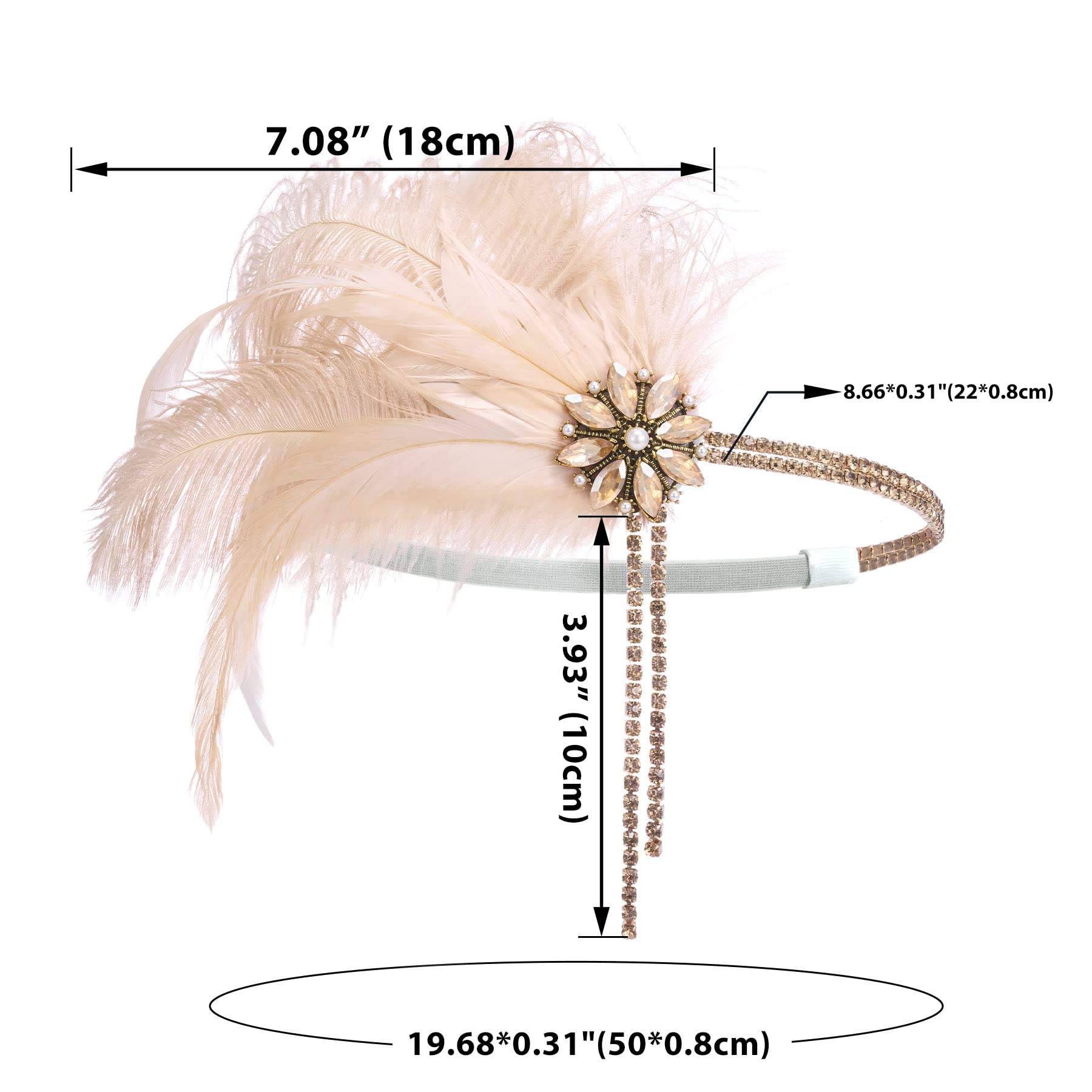 SWEETV 1920s Headpiece Flapper Headband, Rhinestone Pearl Feather Hair Band Great Gatsby Headpiece Accessoreis for Women,Champagne