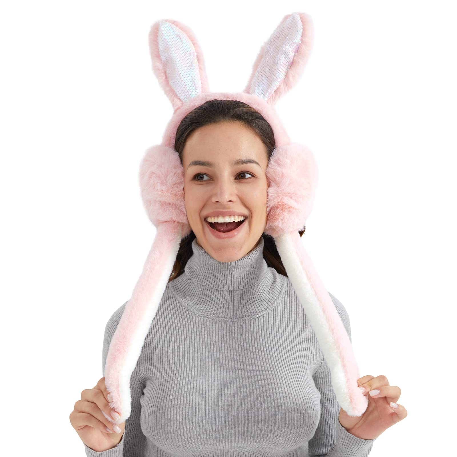 Surblue Foldable Cute Rabbit Moving Earmuffs Winter Warm Outdoor Ear Covers Headband Fur Earwarmer Pink