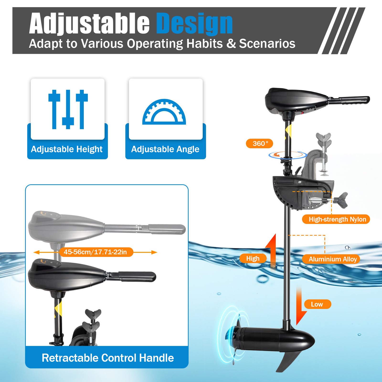 80lb Thrust Electric Trolling Motor Transom Mounted Saltwater Trolling Motor for kayak Inflatable Boat,36" Shaft