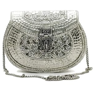 Women gift silver Brass floral design embossed Metal bag Bridal Clutch Party Purse bridal clutch evening bag, Silver