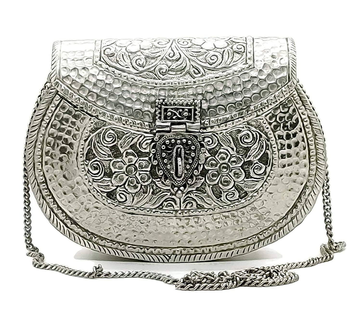 Women gift silver Brass floral design embossed Metal bag Bridal Clutch Party Purse bridal clutch evening bag, Silver