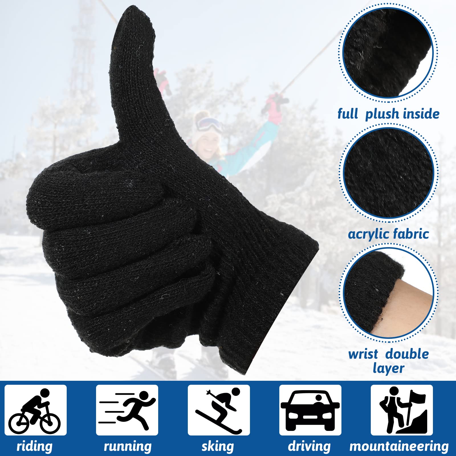 Handepo 24 Pairs Winter Magic Warm Gloves Stretchy Knit Gloves Cotton Gloves for Women Men Adults Cold Weather (Black)