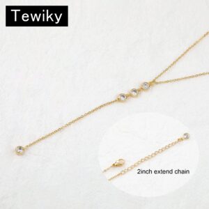 Tewiky Lariat Necklace , Simple Long Dainty Gold Necklace for Women Trendy 14k Gold Plated CZ Diamond Drop Cute Aesthetic Y Necklace Fashion Jewelry Gifts