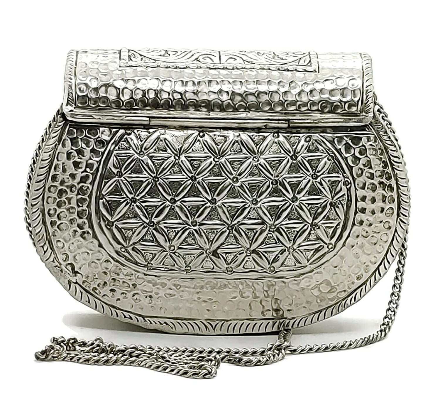 Women gift silver Brass floral design embossed Metal bag Bridal Clutch Party Purse bridal clutch evening bag, Silver