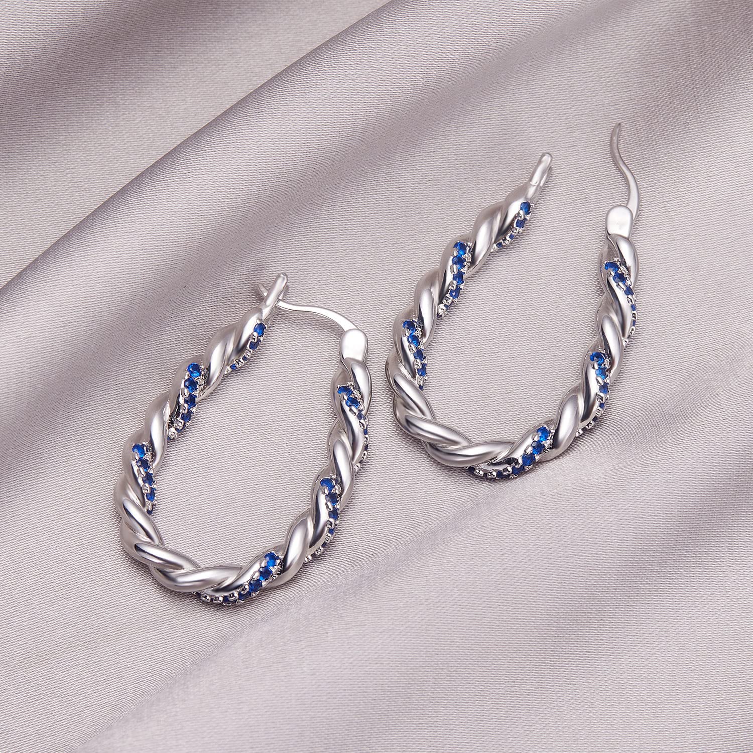 White Gold Plated Oval Hoop Earrings for Women 925 Sterling Silver Post Twist Hoop Earrings with Blue Cubic Zirconia Hypoallergenic Lightweight Earrings Jewelry Gifts