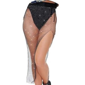 Lorealri Crystal Mesh Skirt Black Rhinestone Fishnet Cover Up Skirt Split See Through Dress Swimsuit Night Club Coachella Outfits Belly Accessories Jewelry for Women and Girls