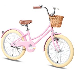 Glerc Little Molly 20 inch Kids Retro Cruiser Bike Bicycle for Girls Ages 7 8 9 10 11 12 13 Year Old with Wicker Basket & Lightweight & Kickstands & Bell for Birthday Gift Pink