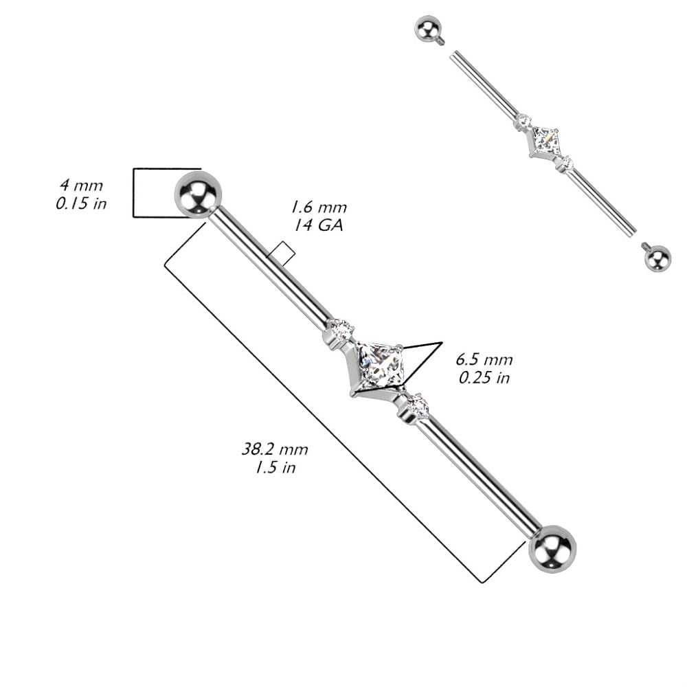 Pierced Owl 14GA G23 Implant Grade Titanium 2 Round CZ Crystals and Square Crystal Center Internally Threaded Industrial Barbell (Silver Tone)