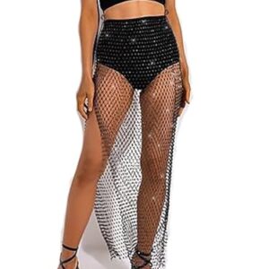 Lorealri Crystal Mesh Skirt Black Rhinestone Fishnet Cover Up Skirt Split See Through Dress Swimsuit Night Club Coachella Outfits Belly Accessories Jewelry for Women and Girls