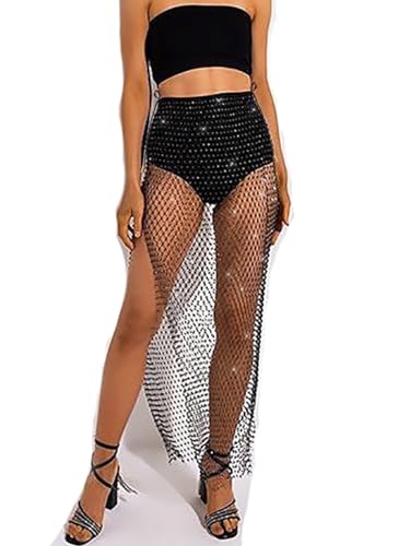 Lorealri Crystal Mesh Skirt Black Rhinestone Fishnet Cover Up Skirt Split See Through Dress Swimsuit Night Club Coachella Outfits Belly Accessories Jewelry for Women and Girls