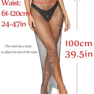 Lorealri Crystal Mesh Skirt Black Rhinestone Fishnet Cover Up Skirt Split See Through Dress Swimsuit Night Club Coachella Outfits Belly Accessories Jewelry for Women and Girls