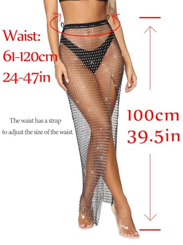 Lorealri Crystal Mesh Skirt Black Rhinestone Fishnet Cover Up Skirt Split See Through Dress Swimsuit Night Club Coachella Outfits Belly Accessories Jewelry for Women and Girls