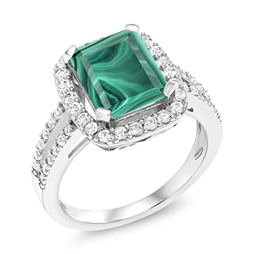 Gem Stone King 925 Sterling Silver Emerald Cut Green Malachite Ring For Women (5.62 Cttw, Available In Size 5, 6, 7, 8, 9)