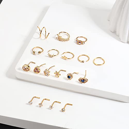 JOERICA 18 Pcs 20G Nose Rings Studs 316L Stainless Steel Nose Rings Hoop for Women Cute Evil Eye Heart Butterfly Opal CZ Nose Piercing Jewelry L Shaped Nose Ring Stud Set