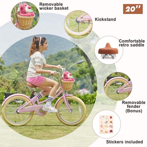 Glerc Little Molly 20 inch Kids Retro Cruiser Bike Bicycle for Girls Ages 7 8 9 10 11 12 13 Year Old with Wicker Basket & Lightweight & Kickstands & Bell for Birthday Gift Pink