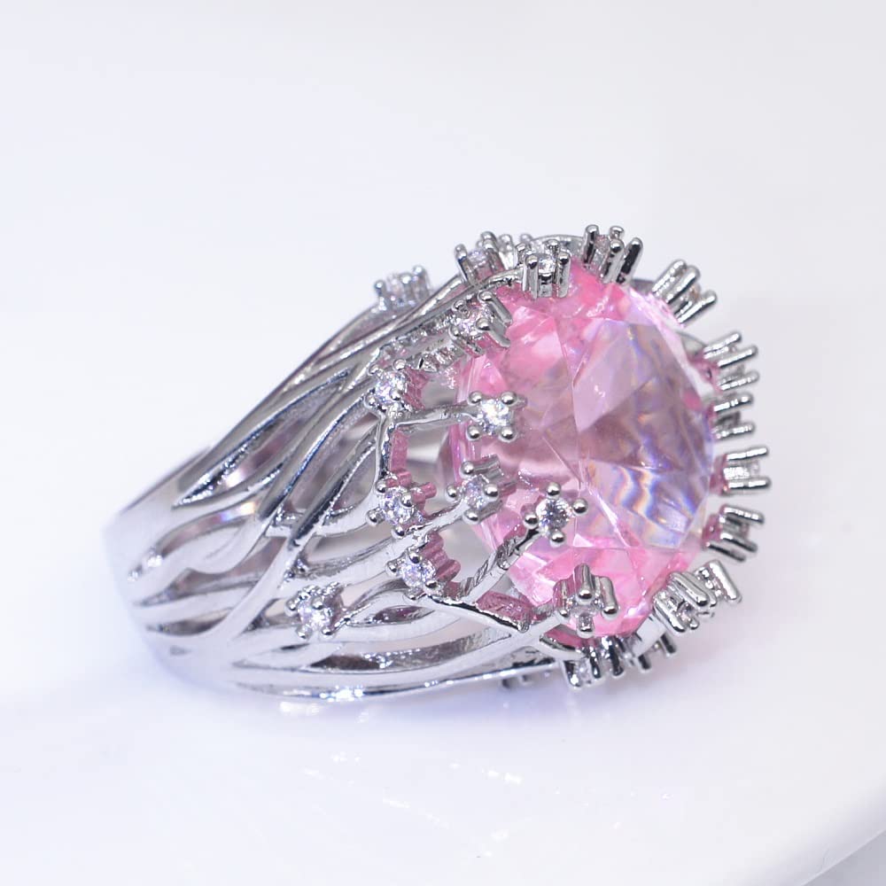 S925 Sterling Silver Creative Fashion Ladies Pink Crystal Ring Gemstone Ring CZ Princess Cut AAA Cubic Zirconia Pink Crystal Ring Cocktail Ring Engagement Wedding Ring Size 6-10 CZC716 (7)