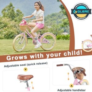 Glerc Little Molly 20 inch Kids Retro Cruiser Bike Bicycle for Girls Ages 7 8 9 10 11 12 13 Year Old with Wicker Basket & Lightweight & Kickstands & Bell for Birthday Gift Pink