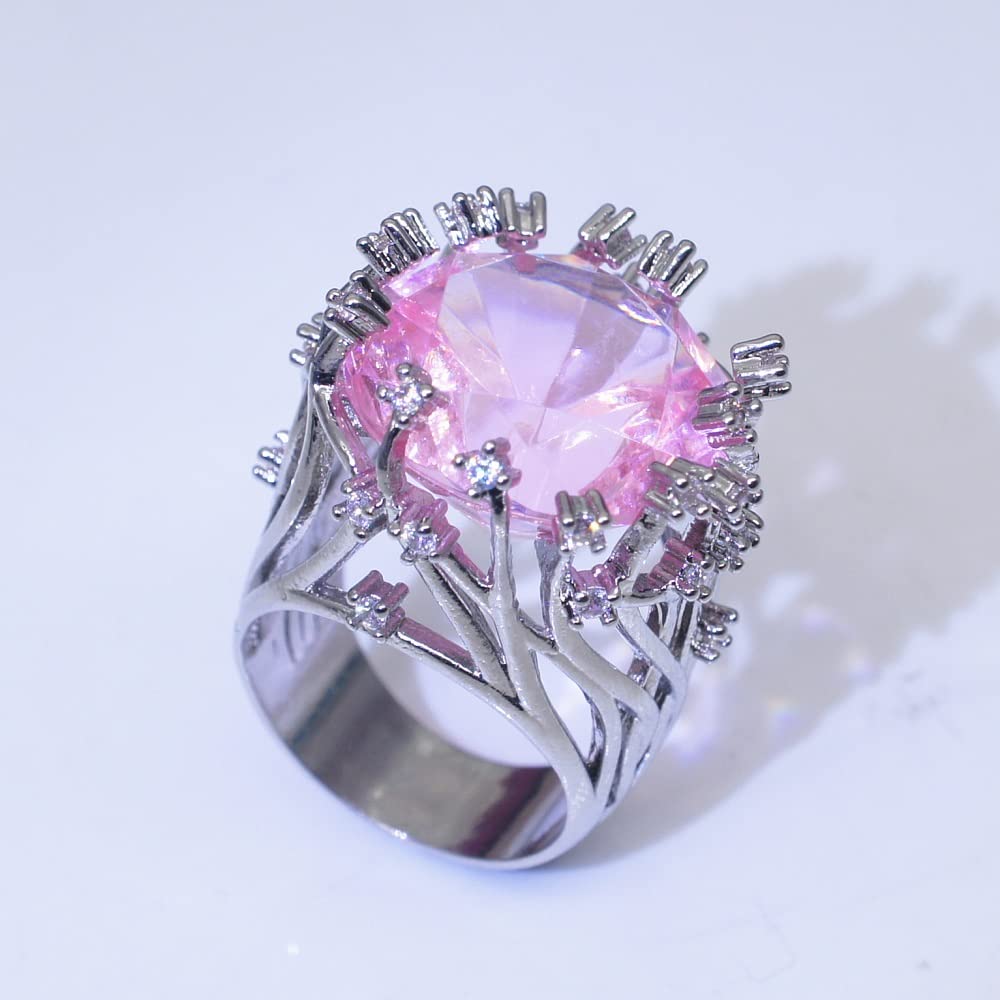 S925 Sterling Silver Creative Fashion Ladies Pink Crystal Ring Gemstone Ring CZ Princess Cut AAA Cubic Zirconia Pink Crystal Ring Cocktail Ring Engagement Wedding Ring Size 6-10 CZC716 (6)