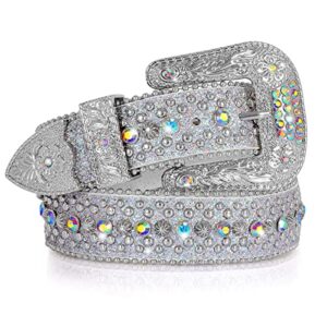 SUOSDEY Men Women Rhinestone Belt Western Cowboy Cowgirl Shine Crystal Diamond Studded Luxury Strap Belts,Silver