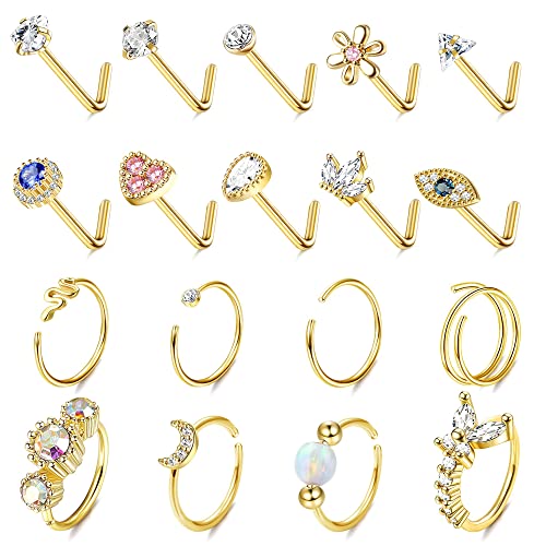 JOERICA 18 Pcs 20G Nose Rings Studs 316L Stainless Steel Nose Rings Hoop for Women Cute Evil Eye Heart Butterfly Opal CZ Nose Piercing Jewelry L Shaped Nose Ring Stud Set