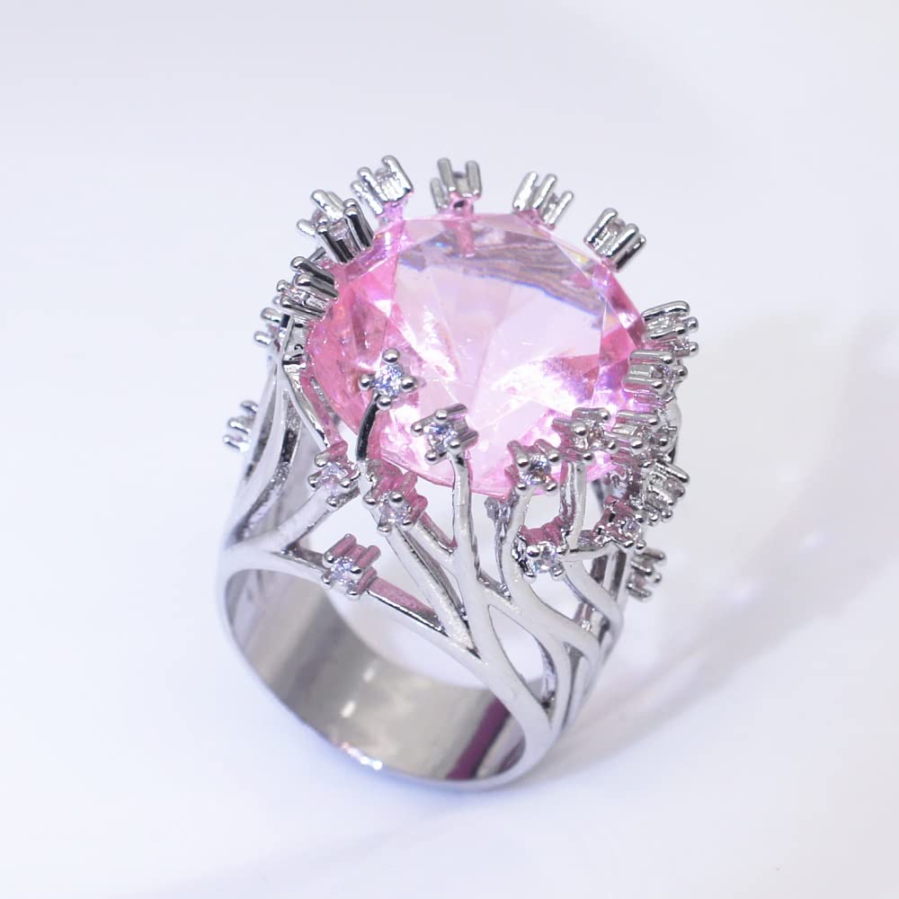 S925 Sterling Silver Creative Fashion Ladies Pink Crystal Ring Gemstone Ring CZ Princess Cut AAA Cubic Zirconia Pink Crystal Ring Cocktail Ring Engagement Wedding Ring Size 6-10 CZC716 (7)