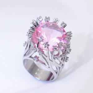 S925 Sterling Silver Creative Fashion Ladies Pink Crystal Ring Gemstone Ring CZ Princess Cut AAA Cubic Zirconia Pink Crystal Ring Cocktail Ring Engagement Wedding Ring Size 6-10 CZC716 (6)