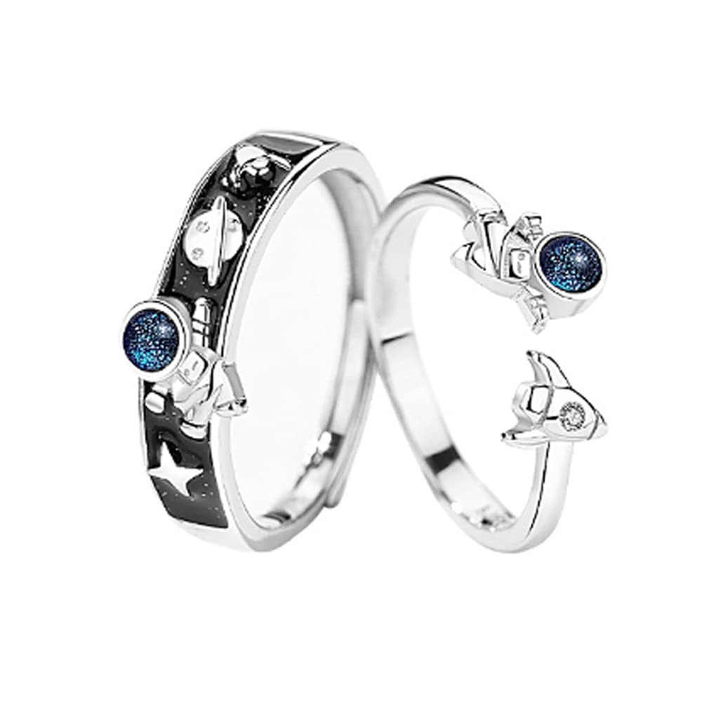 Astronaut Matching Promise Rings for Couples Engagement Wedding Open Ring Band Sets for Him and Her Planet Star Spaceship Universe CZ Crystal Jewelry Gift for Girlfriend Boyfriend Valentine's Day