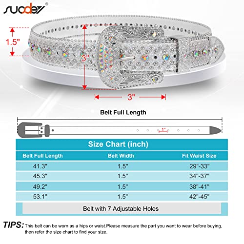 SUOSDEY Men Women Rhinestone Belt Western Cowboy Cowgirl Shine Crystal Diamond Studded Luxury Strap Belts,Silver