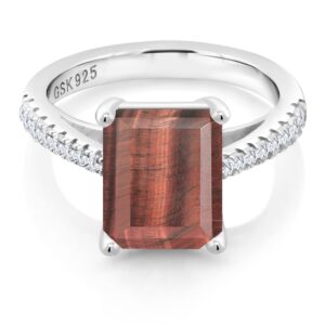 gem stone king 925 sterling silver red tiger eye and white created sapphire women ring (3.26 cttw emerald cut 10x8mm, available in size 5, 6, 7, 8, 9)