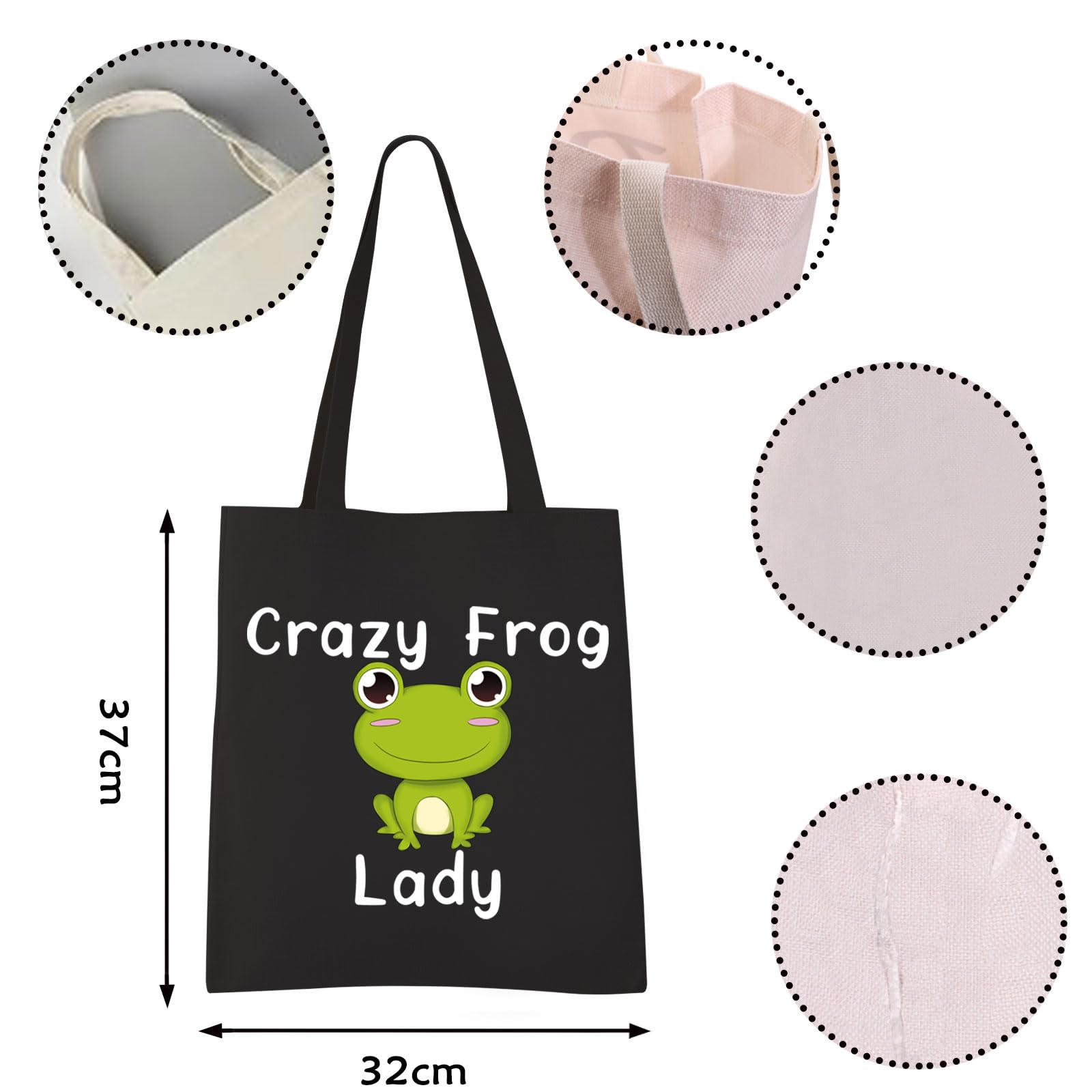 VAMSII Frog Tote Bag Crazy Frog Lady Shoulder Bag Frog Lover Gifts for Women Funny Frog Gifts Shopping Bag(BLK-Frog Lady tote)