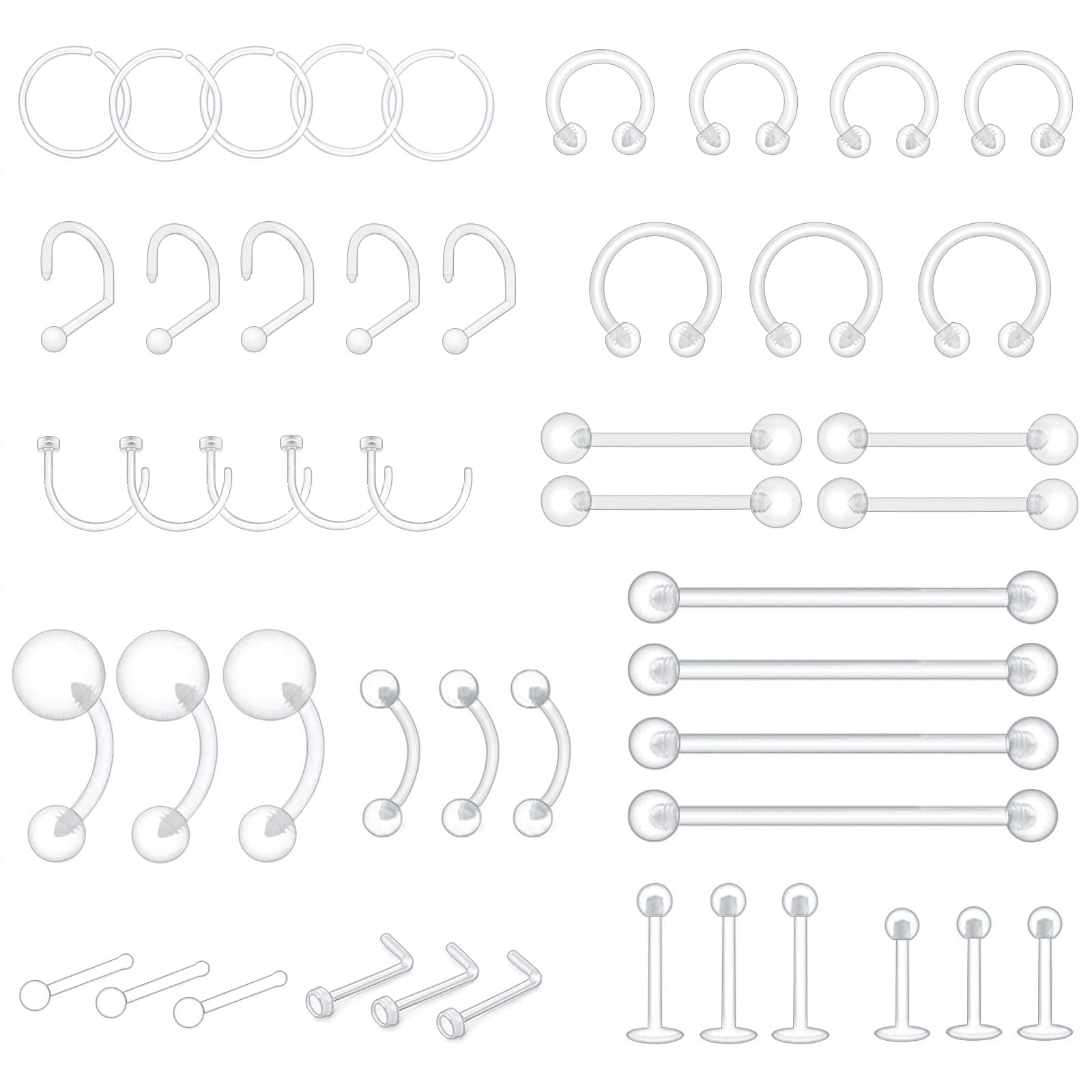 ZUYASSNEI 48pcs Clear Piercing Retainers Bioflex Nose Tongue Belly nipple rings Plastic Earings Eyebrow Cartilage Tragus Lip Septum Hoop Nose Stud Industrial Bar Piercing Jewelry For Surgery.