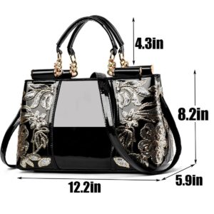 XingChen Women Patent Leather Fashion Handbags Double Sided Sequin Embroidery Shoulder Bag Top Handle Satchel Purse Black