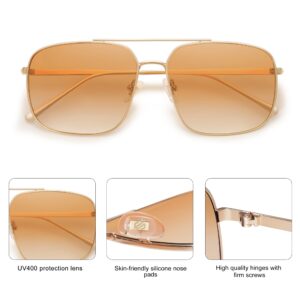 SOJOS Retro Square Aviator Sunglasses Womens Mens Double Bridge Metal Sun Glasses SJ1176, Gold/Gradient Orange