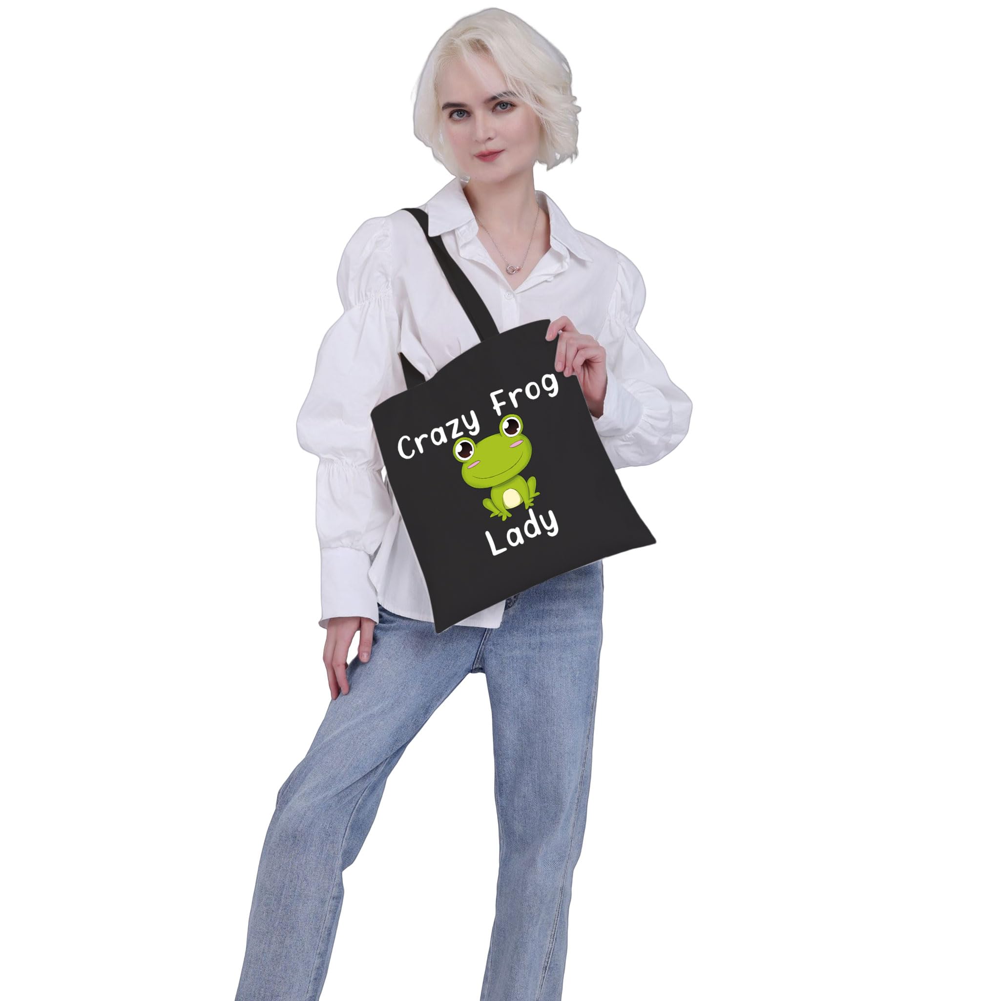 VAMSII Frog Tote Bag Crazy Frog Lady Shoulder Bag Frog Lover Gifts for Women Funny Frog Gifts Shopping Bag(BLK-Frog Lady tote)