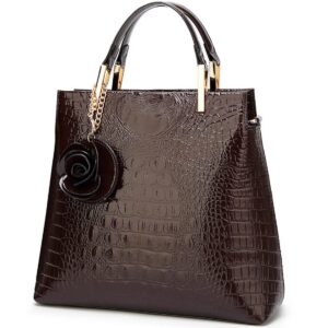 XingChen Shiny Patent Leather Women Handbag Crocodile Pattern Shoulder Bag Flower Pendant Top Handle Tote Satchel Purse Brown