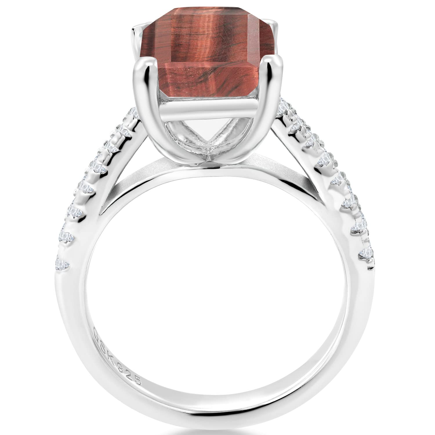 Gem Stone King 925 Sterling Silver Red Tiger Eye and White Created Sapphire Women Ring (3.26 Cttw Emerald Cut 10X8MM, Available In Size 5, 6, 7, 8, 9)