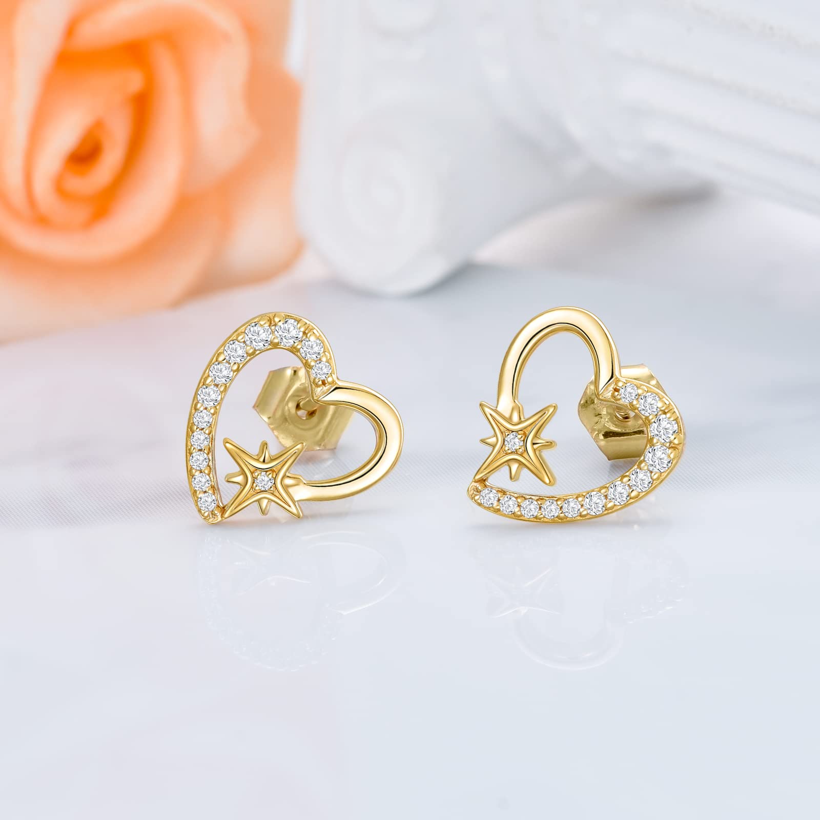 14k Solid Gold Star Heart Earrings for Women Cubic Zirconia Stud Earrings ，Gifts for Valentine's/Anniversary/Mother's Day