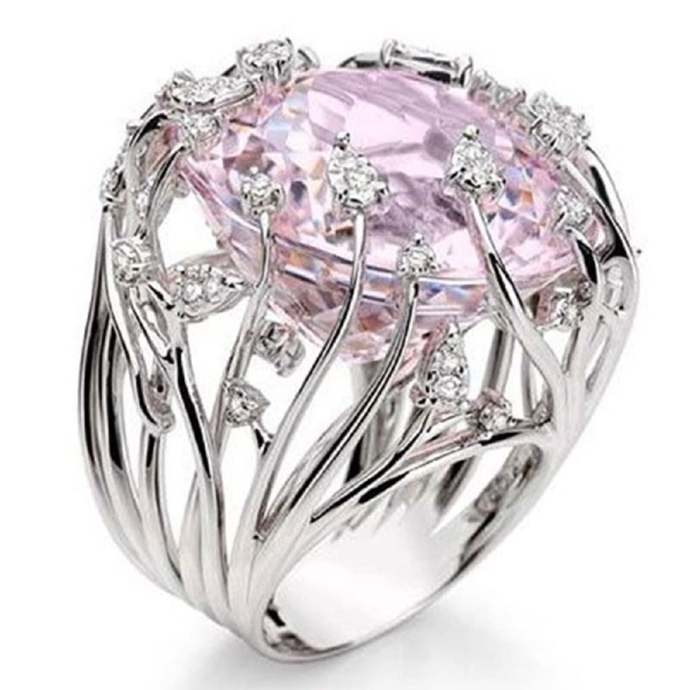 S925 Sterling Silver Creative Fashion Ladies Pink Crystal Ring Gemstone Ring CZ Princess Cut AAA Cubic Zirconia Pink Crystal Ring Cocktail Ring Engagement Wedding Ring Size 6-10 CZC716 (6)