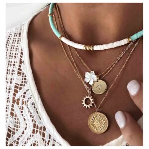 yheakne boho layered heishi surfer necklace choker white heishi bead choker necklace coin disc pendant necklace waterproof sun flower necklace chain jewelry for women and girls