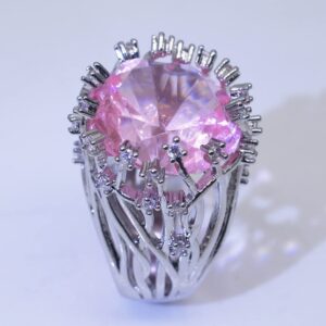 S925 Sterling Silver Creative Fashion Ladies Pink Crystal Ring Gemstone Ring CZ Princess Cut AAA Cubic Zirconia Pink Crystal Ring Cocktail Ring Engagement Wedding Ring Size 6-10 CZC716 (7)