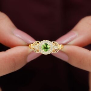 Rosec Jewels Certified Peridot and Diamond Vintage Inspired Engagement Ring | 5 MM | AAA Quality, 14K Yellow Gold, Size:US 9.50